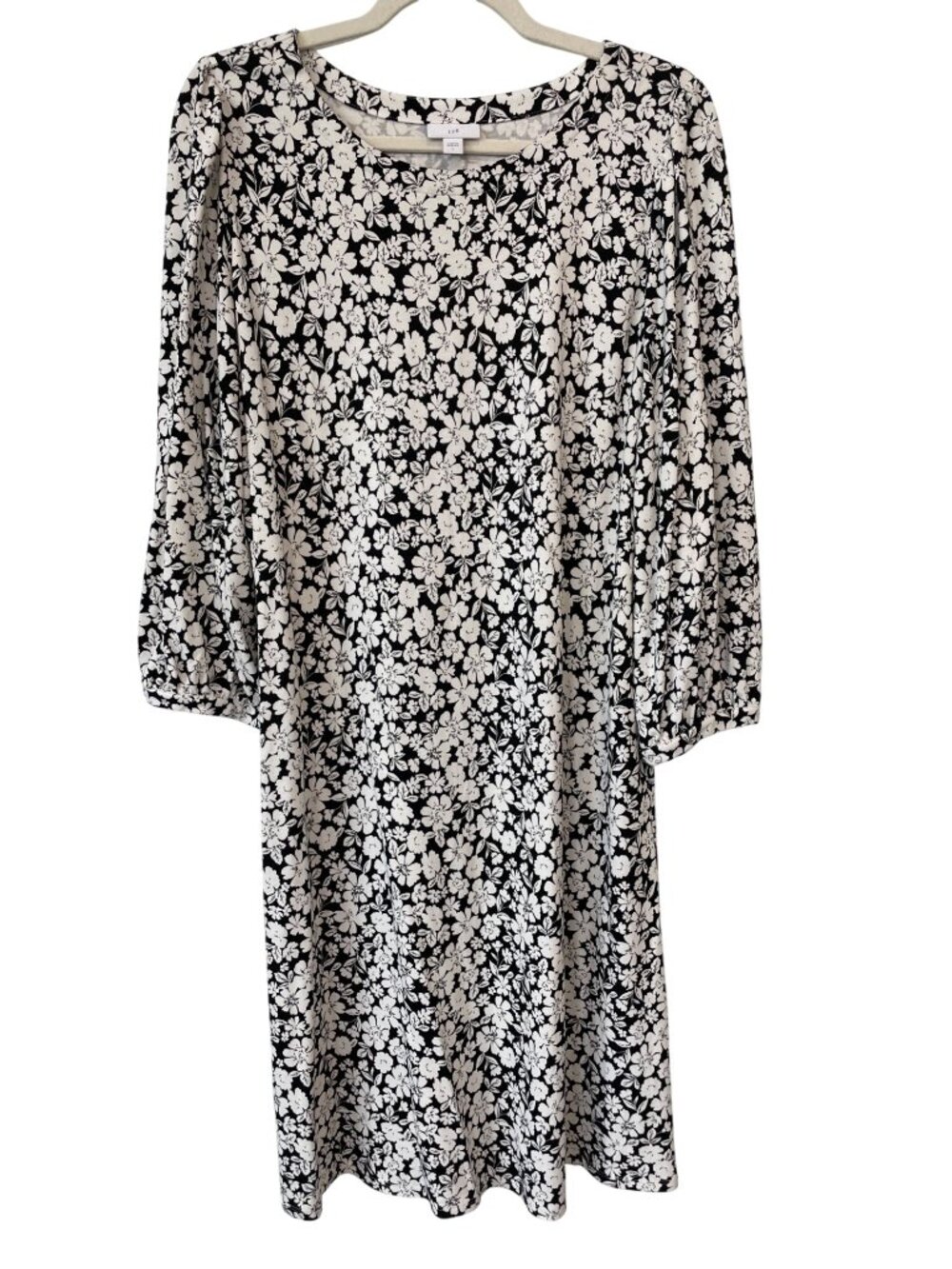 J Jill Shift Dress Large Floral 3/4 Sleeve Black White Dark Bohemian Cottagecore
